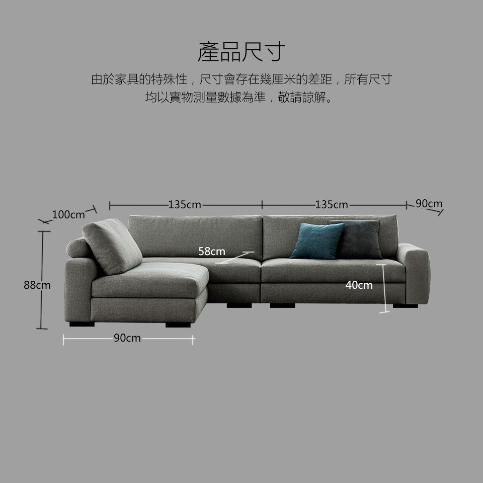 布萊特L型布沙發尺寸說明