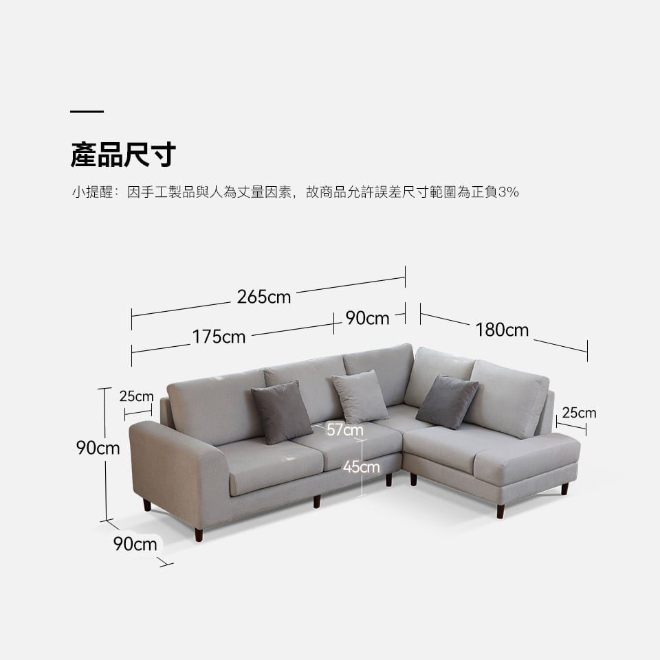 奈莉L型布沙發尺寸