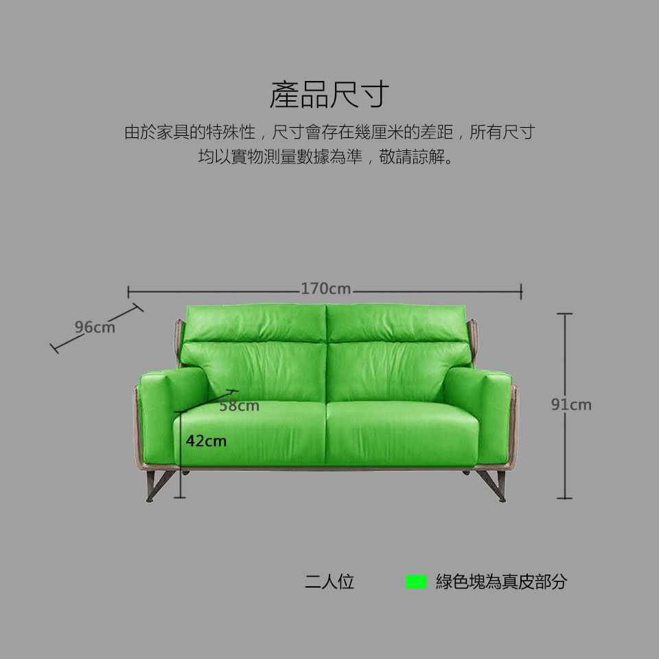 艾瑞爾2+3人座真皮沙發尺寸說明