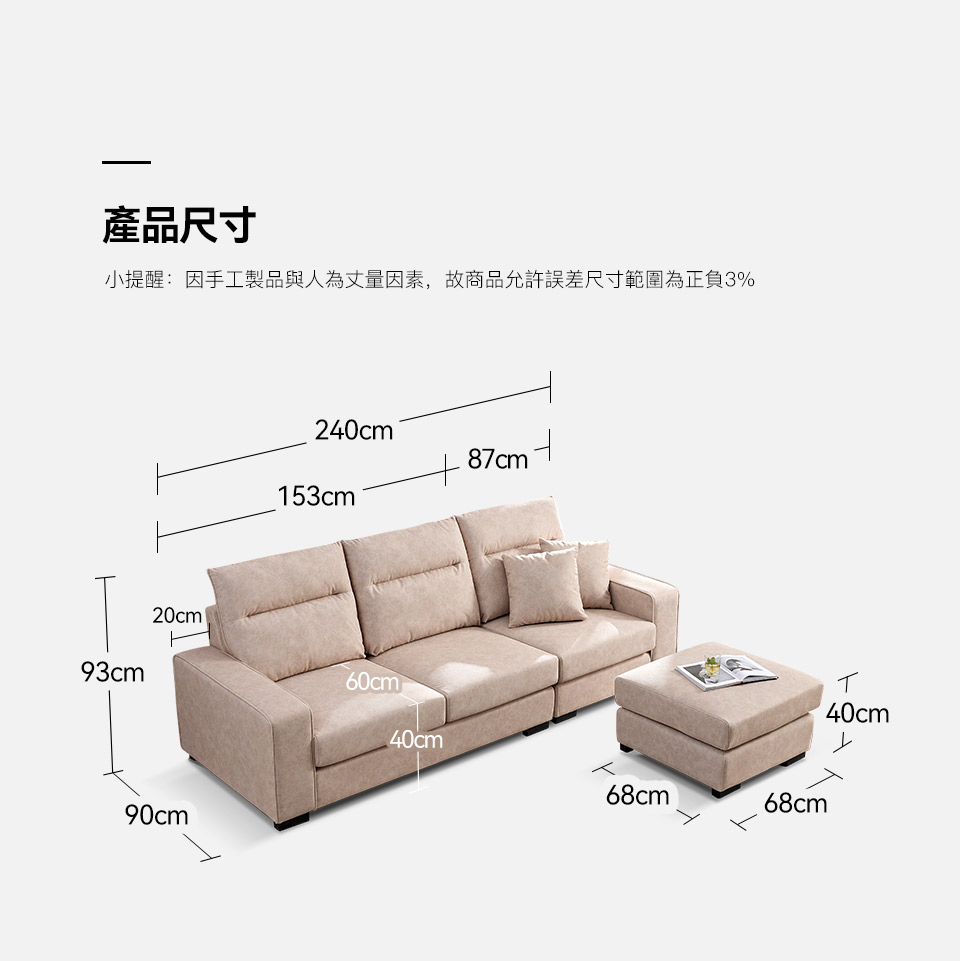 洛塔L型布沙發尺寸