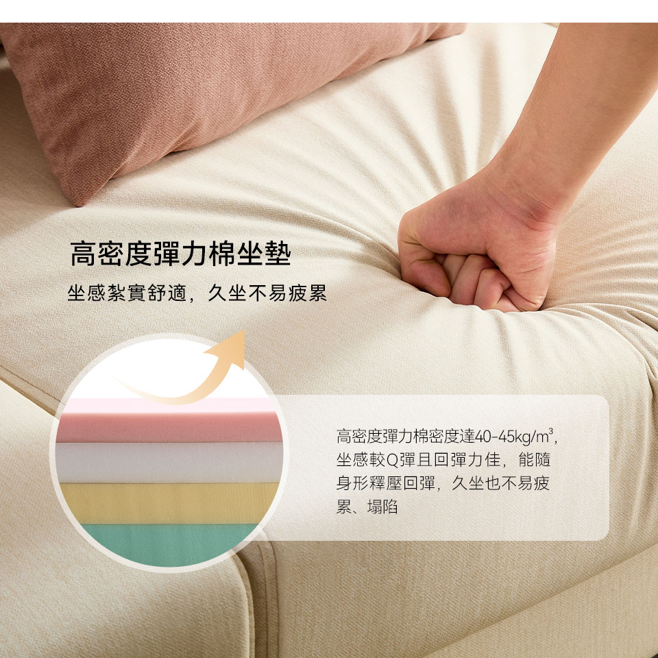 喬拉L型貓抓布沙發｜高密度彈力棉坐墊介紹，久坐不易疲累