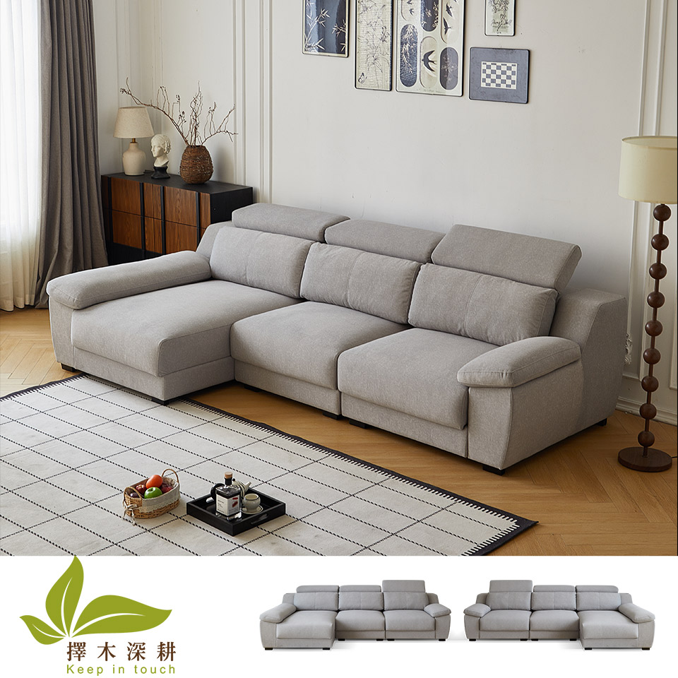 佐伊L型貓抓布沙發｜灰色 實景展示