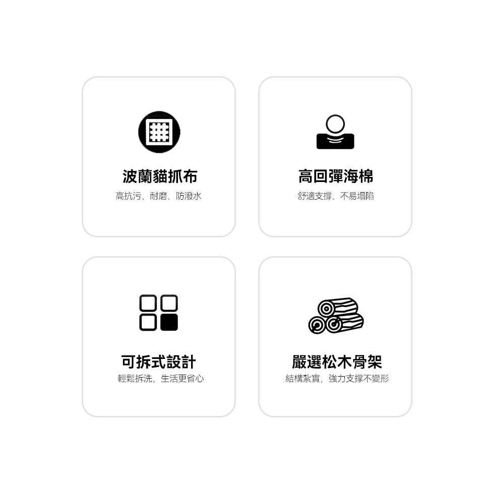 波蘭貓抓布、高回彈海棉坐墊、可拆洗布套、松木骨架