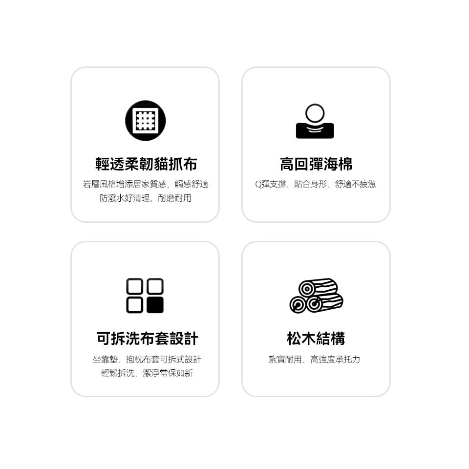 貓抓布、高回彈海棉、可拆洗布套、松木骨架