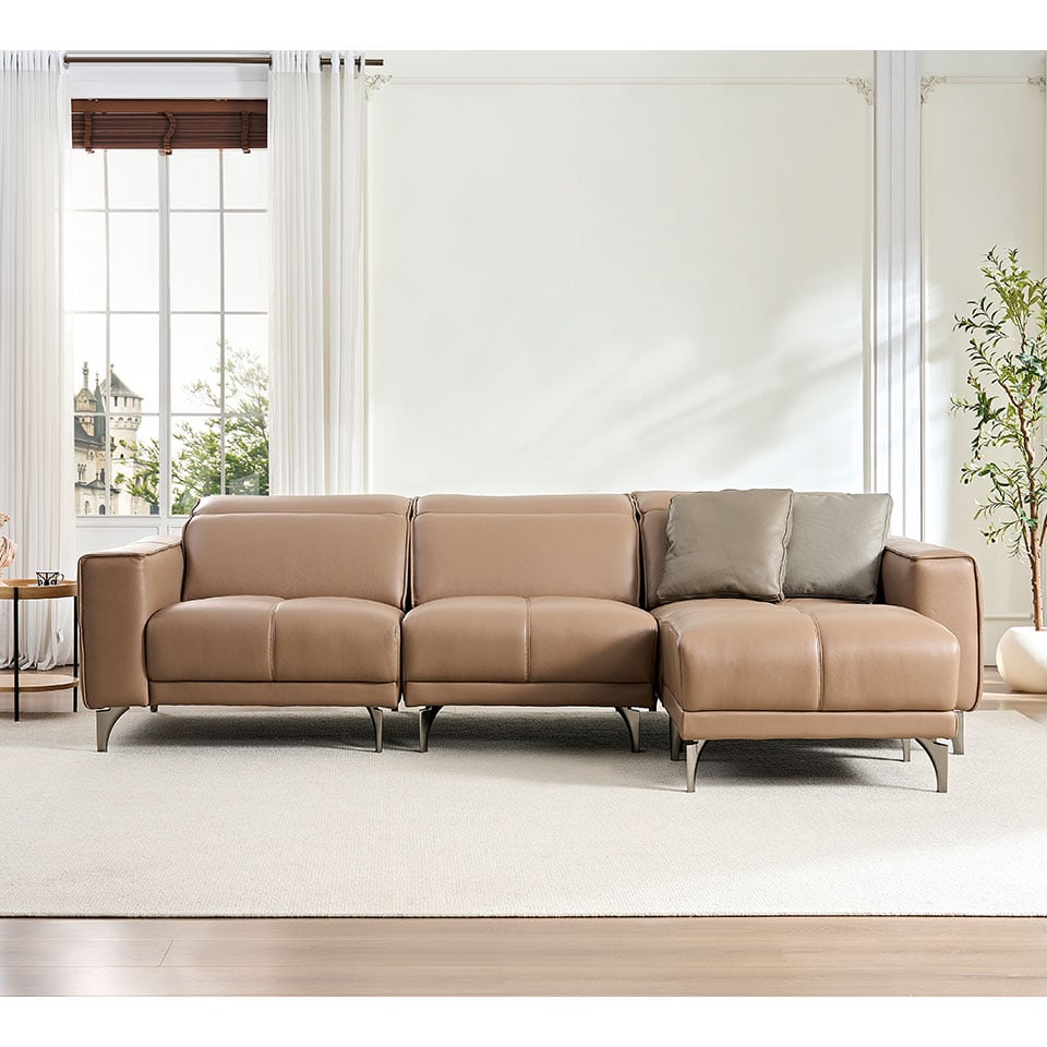 尼爾森L型全牛皮沙發｜正面角度展示