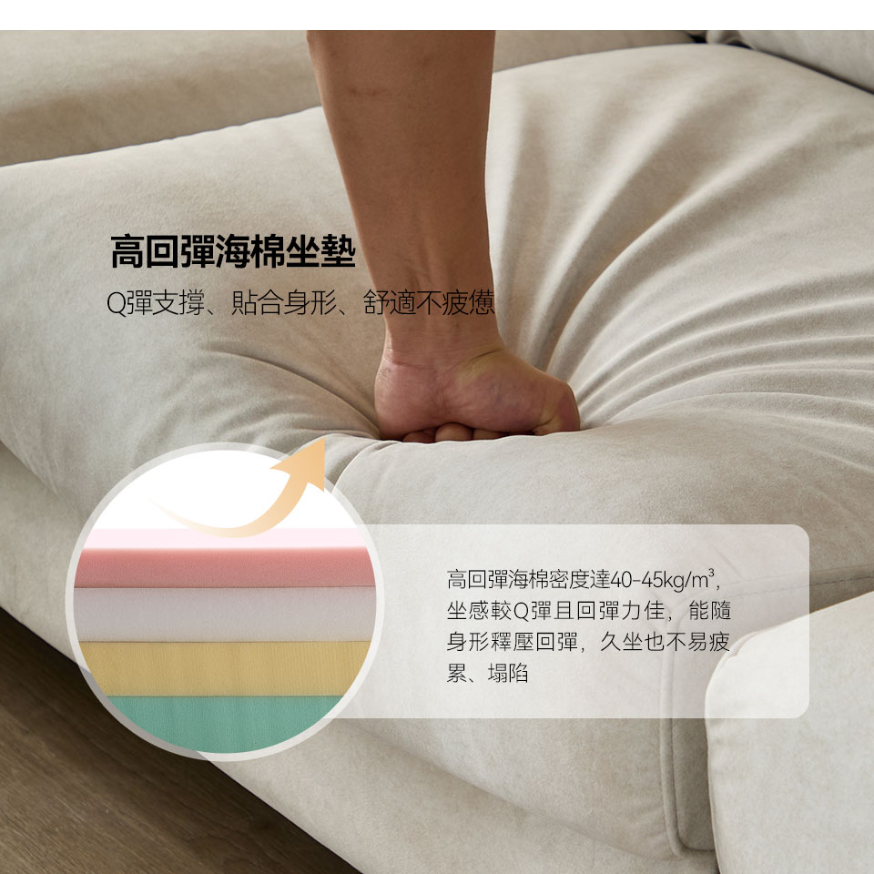 費爾南L型貓抓布沙發|高回彈海棉坐墊介紹,提供穩定支撐