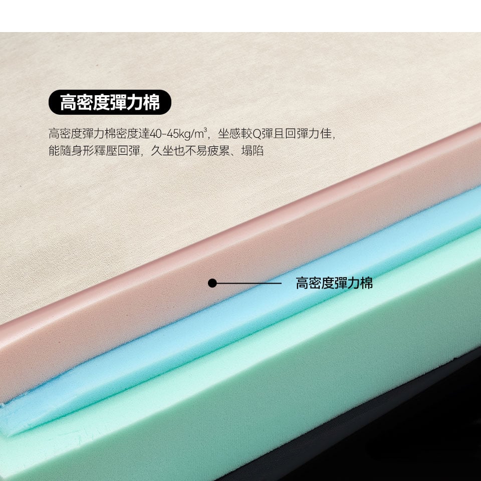 回彈力佳，能隨身形釋壓回彈，久坐也不易疲累、塌陷