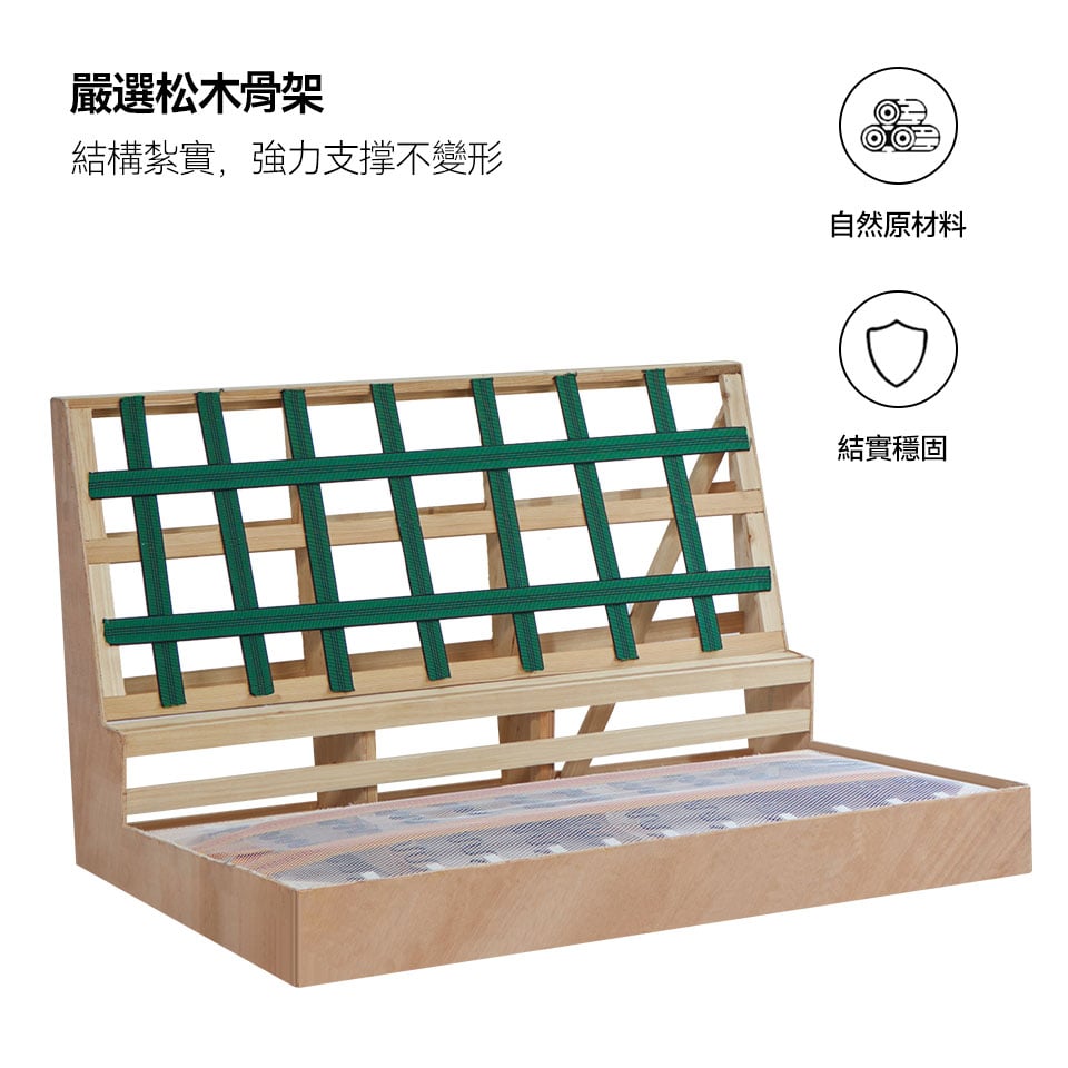 嚴選松木骨架，高強度承托力，紮實耐用，不易變形