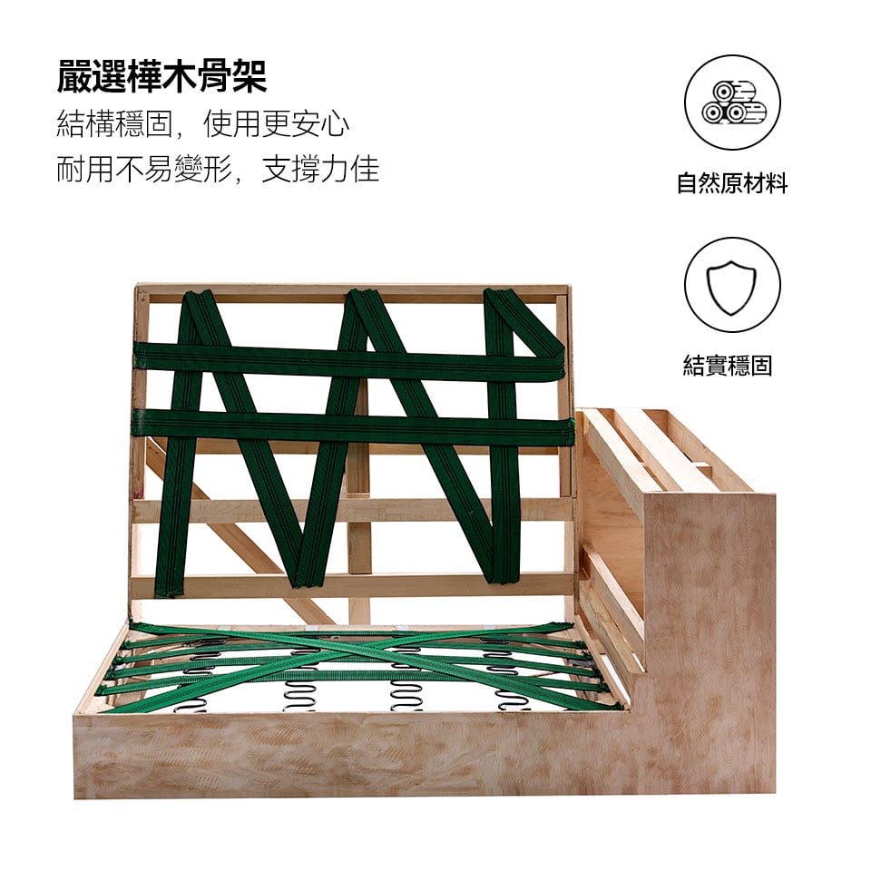 嚴選樺木骨架，耐用不易變形，結構穩固