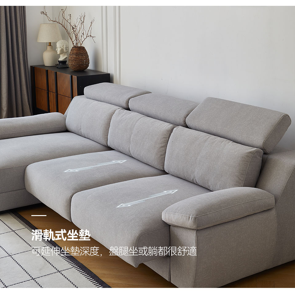 佐伊L型貓抓布沙發｜滑軌式坐墊，可延伸坐墊深度，坐躺舒適
