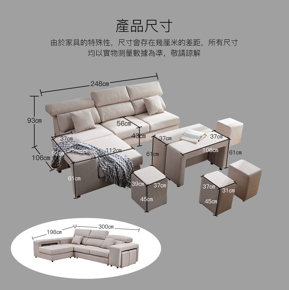 米諾L型貓抓布百變沙發組尺寸