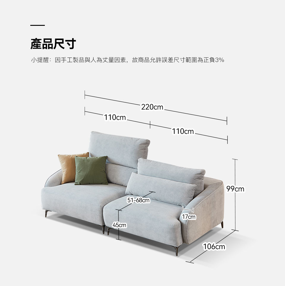 安德森一字型貓抓布沙發|商品尺寸規格說明