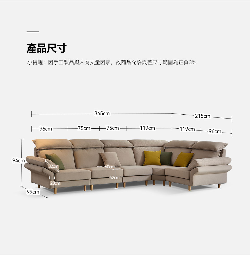 艾洛瓦貓抓布模組沙發|詳細尺寸圖