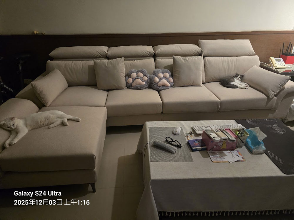 YKS 亞伯特L型貓抓布沙發∣台中門市客人客廳實境拍攝-2 YKS 亞伯特L型貓抓布沙發|台中客人客廳不開燈實際擺放效果|擇木深耕系列熱銷款