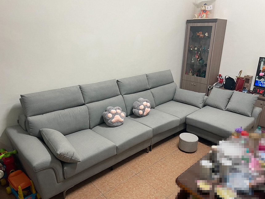 YKS 亞伯特L型貓抓布沙發｜台南關廟開箱實拍沙發正面｜擇木深耕系列熱銷款