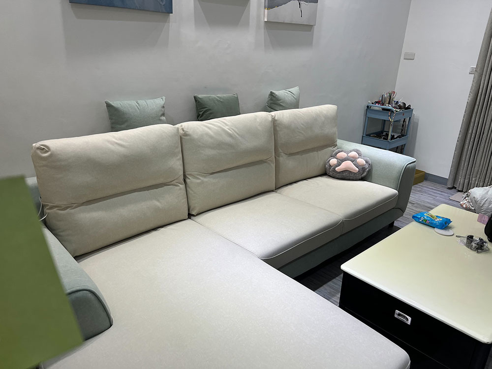 YKS 奧斯頓L型貓抓布沙發｜台南客人實拍沙發左側面｜擇木深耕系列熱銷款