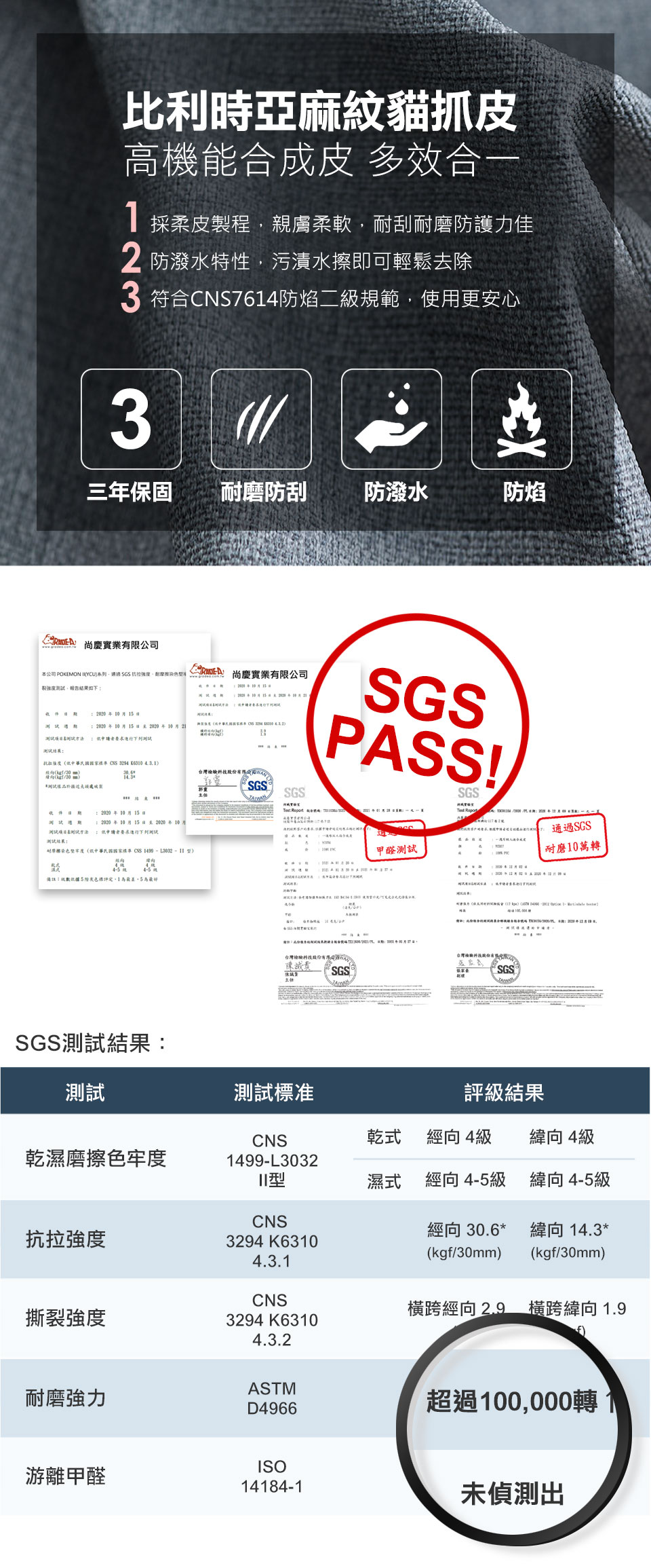 擇木深耕嚴選比利時亞麻紋貓抓皮，通過SGS檢驗，享三年保固，耐磨耐刮防潑水防焰，適合有小孩及寵物的家庭