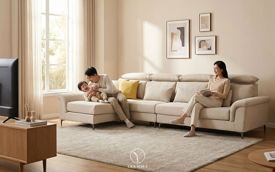 一家人以不同方式使用沙發的生活情境示意