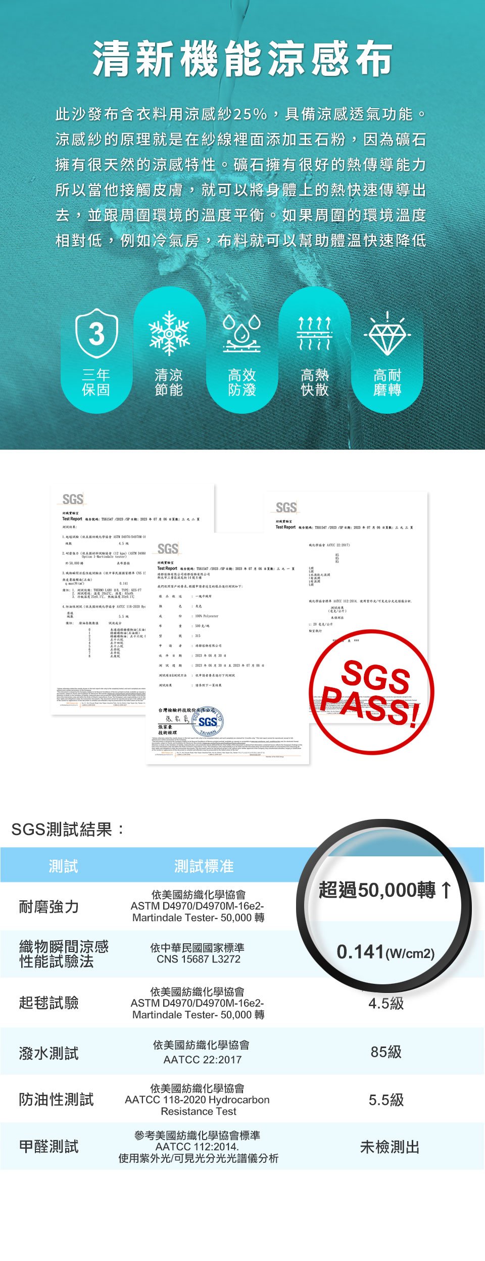 清新機能涼感布，耐磨、防潑水，不易起毬，經SGS檢測，有助熱能傳導、降溫，體感舒服不冰膚，四季皆宜