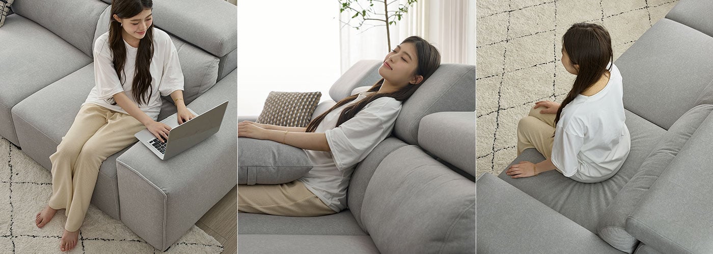 沙發試坐三步驟示意圖:坐下、靠背、起身檢查坐感