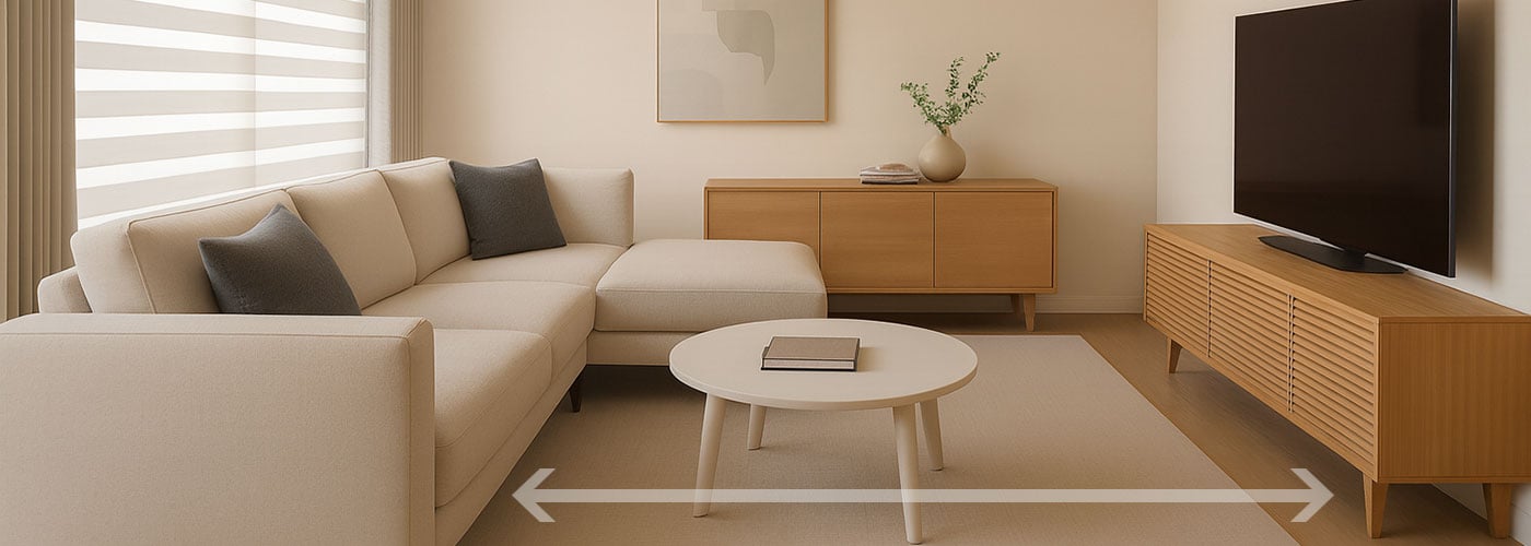 沙發到茶几距離、3 公尺牆 L 型沙發配置的客廳距離示意圖