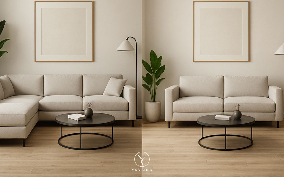 L 型沙發與三人沙發在空間與預算上的取捨示意 L 型沙發與三人沙發在客廳空間中的價格與配置差異示意圖