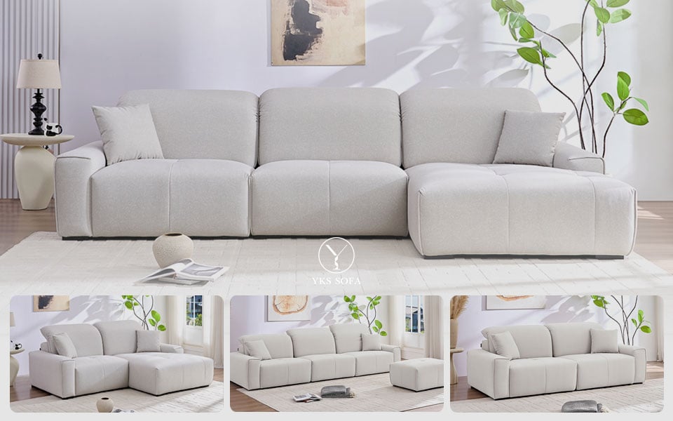 模組沙發多種組合示意：兩人座、三人座加腳椅與方向替換