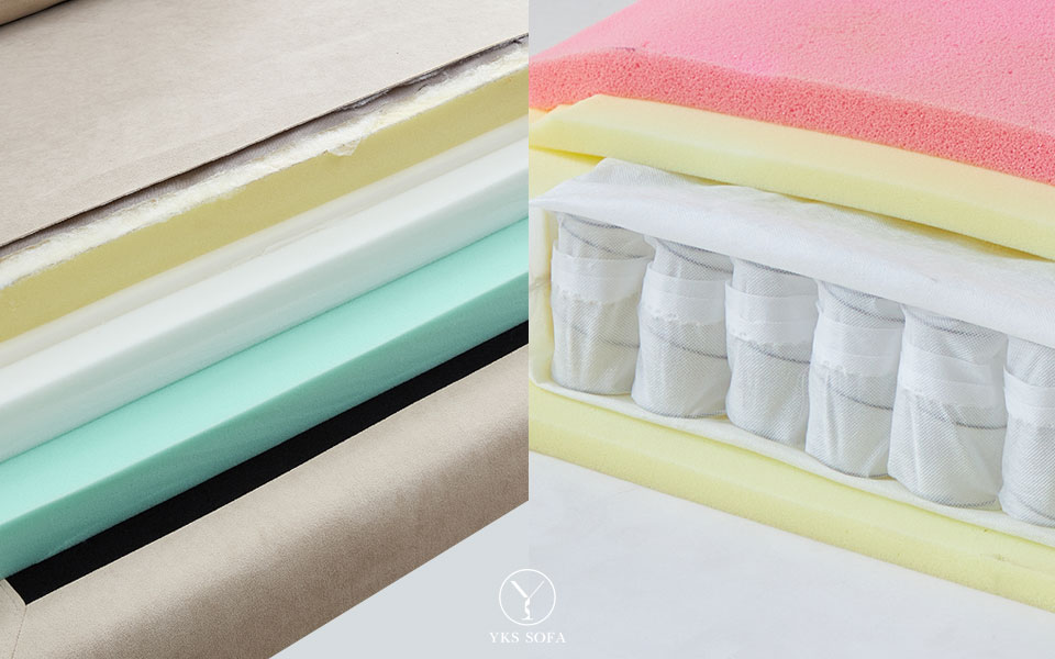 沙發坐墊內材結構分層示意圖 沙發坐墊內材結構示意:高密度泡棉、獨立筒、仿生絨羽絨棉等