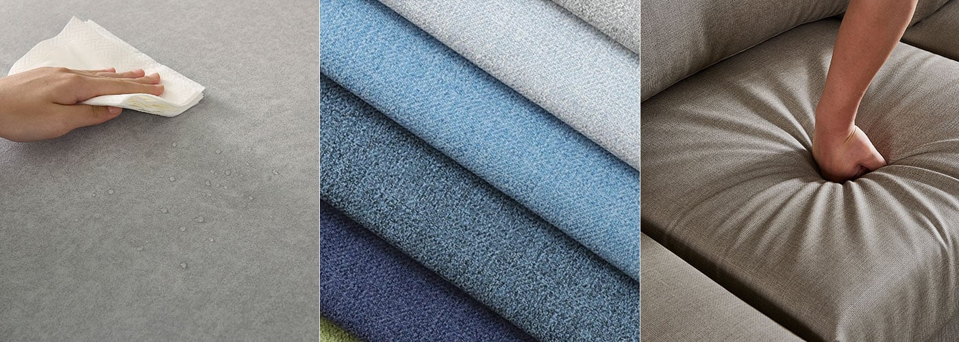 YKS 貓抓布、涼感布與貓抓皮三款沙發材質的特寫比較