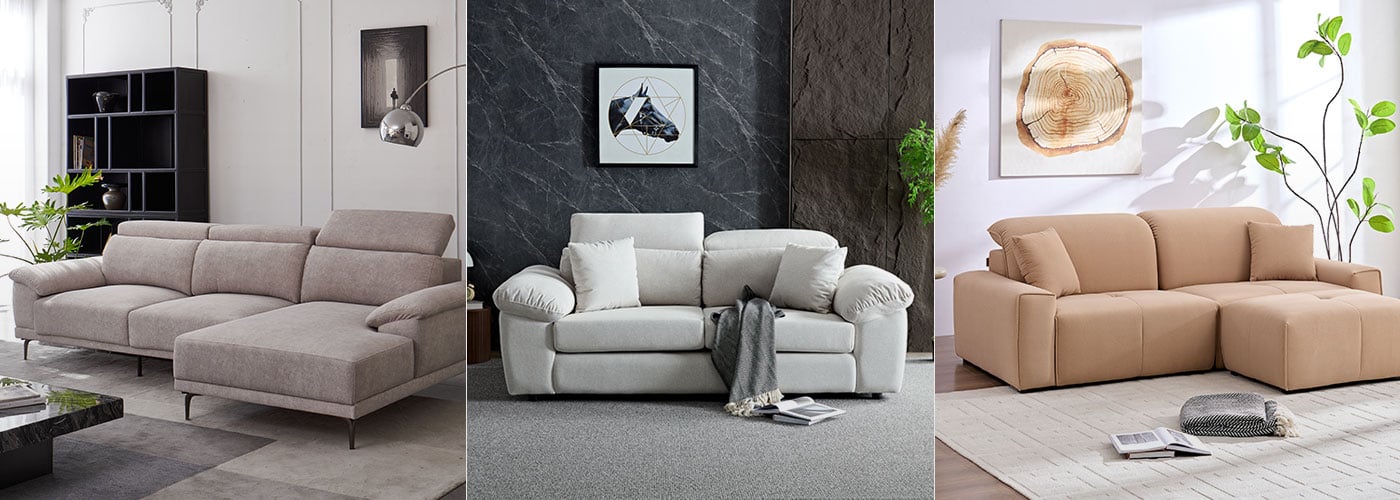 L 型、一字型、模組沙發三種款式的客廳配置比較圖